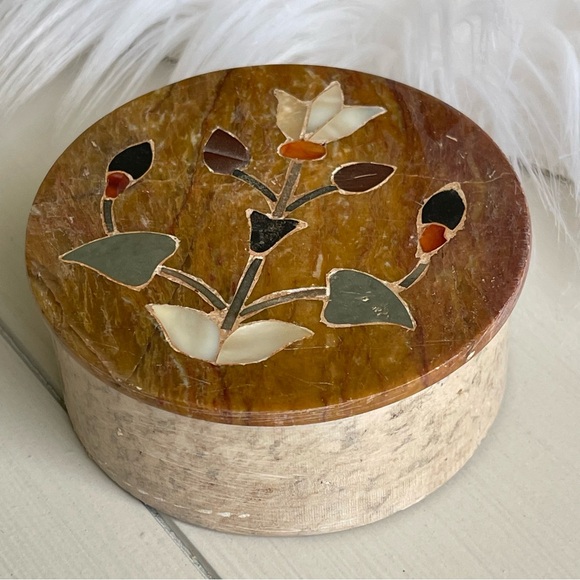 Vintage Floral Inlaid Designer India Soap Stone Mother Of Pearl Trinket Box 3x3 - Picture 7 of 9